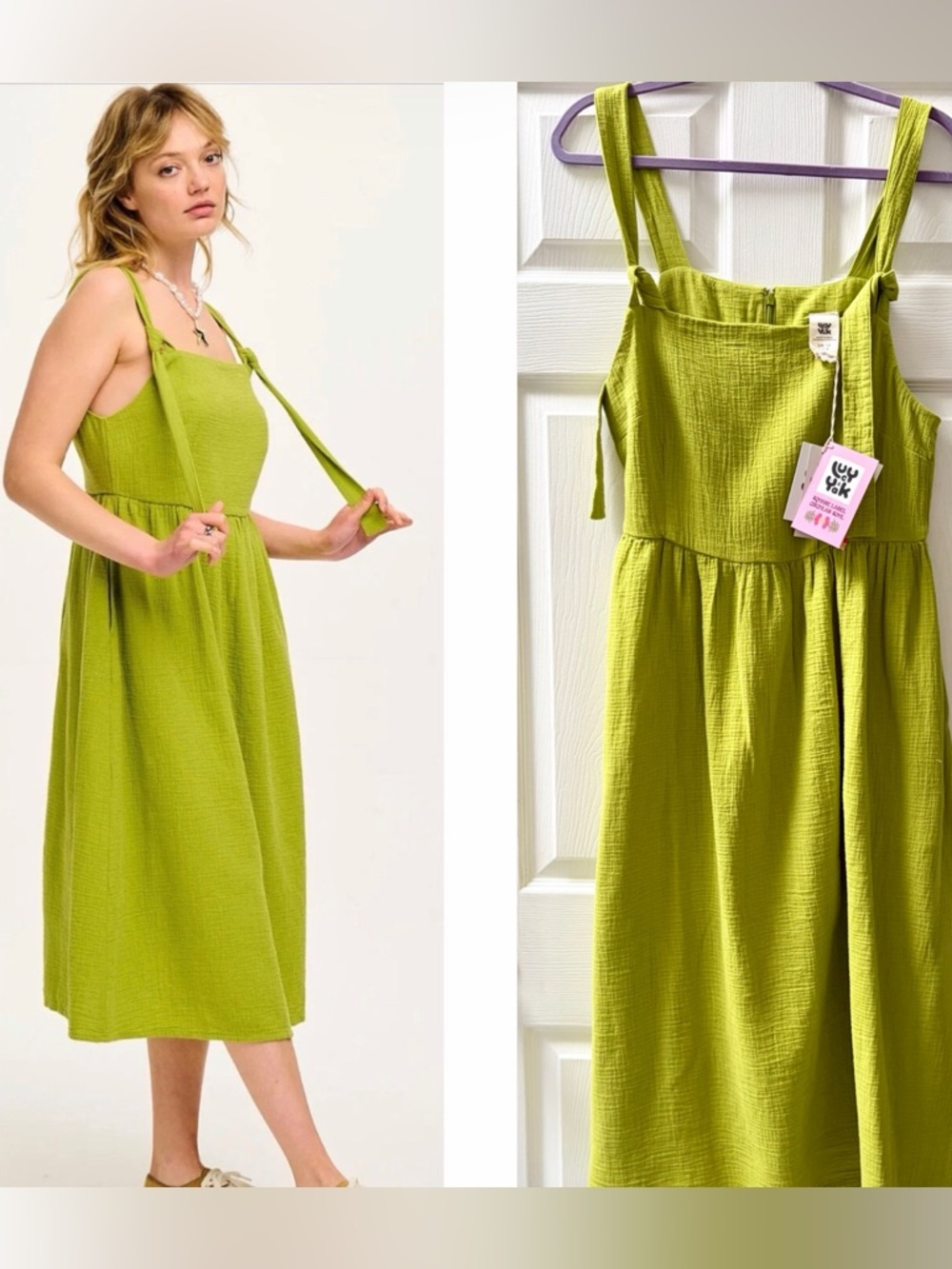 NWT Lucy & Yak Faye 100% Organic Cotton Gauze Chartreuse Green Sundress, US 8 M